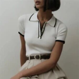 AZZURRA Eliana Knit Blouse White Polo Collar Top